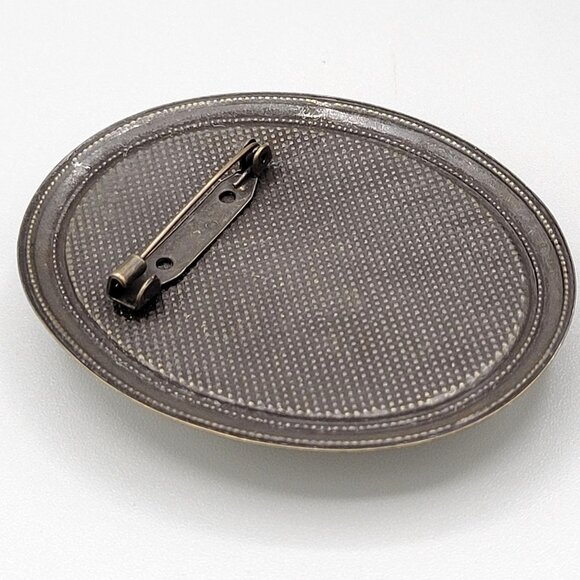 Embroidered Flower Floral Oval Brooch Dark Silver Tone Metal Handmade Vintage - Picture 4 of 6